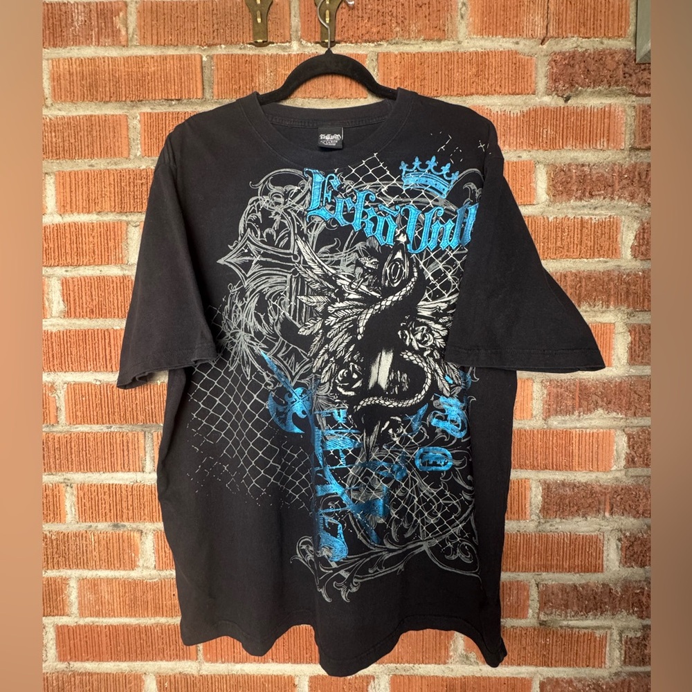 Vintage Y2K Ecko Unlimited MMA Black Tee Snake and Sword AOP with Blue Accents